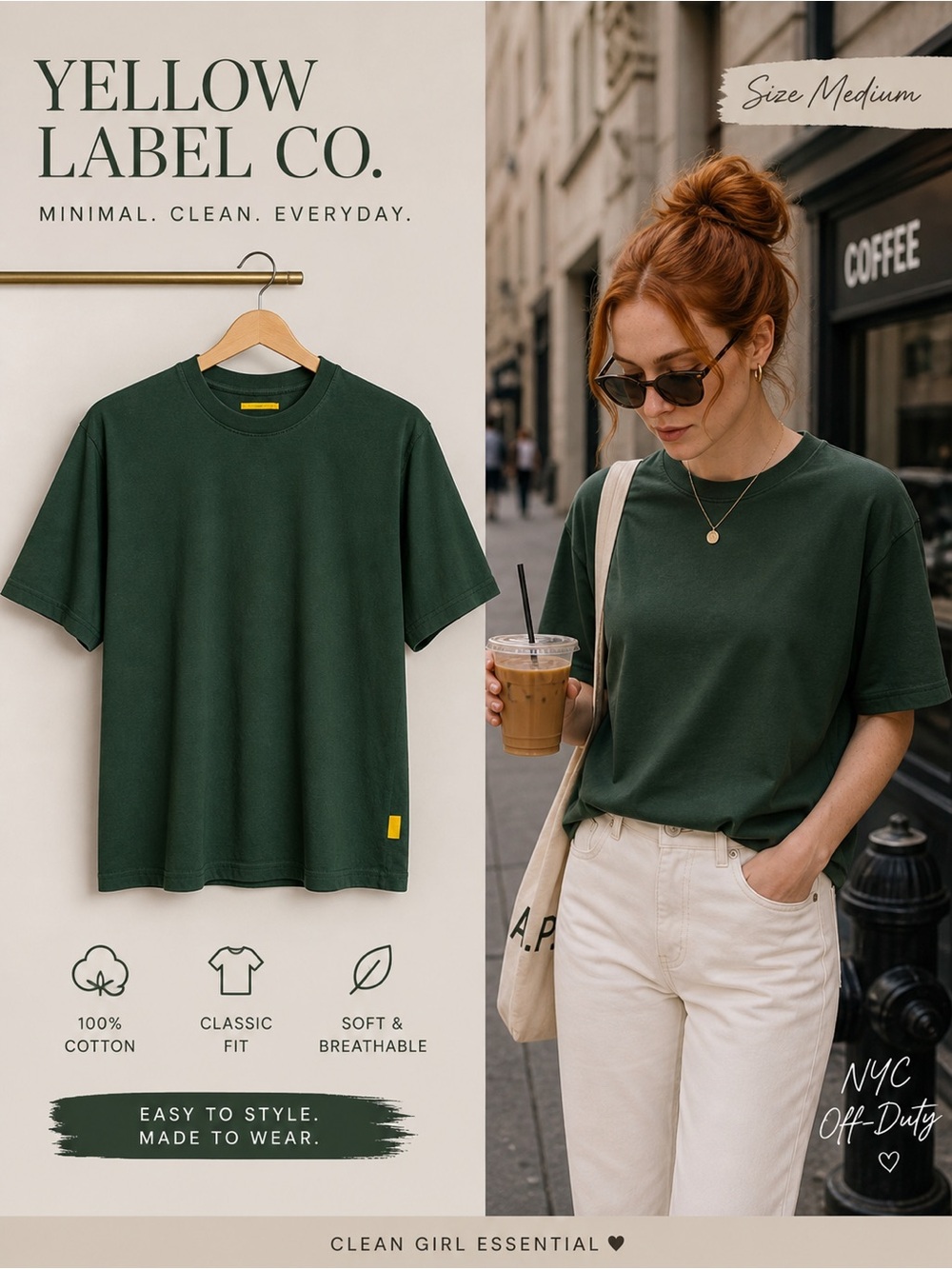 Yellow Label Co. Green Minimalist Tee – Size Medium Streetwear Basic